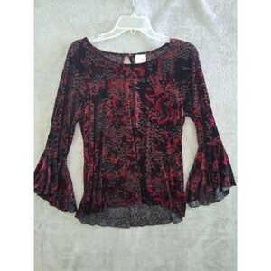 Whimsigoth Top Sm Velvet Burnout Black Red Pink Dark Floral Bell Sleeve Stretch